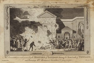 Ødelæggelserne forårsaget af Londons uromagere, der affyrede den nye fængsel i Newgate af William Hamilton