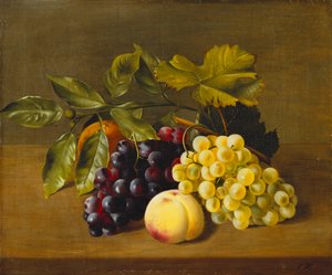 En fersken, en appelsin og druer på en trækant, af William Hammer