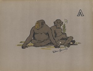 Bogstav A, Æstetiske antropoide aber, der indtager unormalt apatiske holdninger (farve litho) af William Hammond