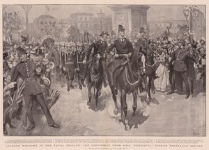 Londons velkommen til flådebrigaden, kontingentet fra HMS Powerful, der passerer Trafalgar Square af William Hatherell