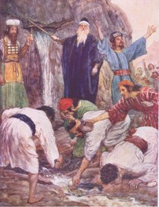 Moses slår klippen, fra The Bible Story udgivet af Hodder & Stoughton, ca. 1930 af William Hatherell