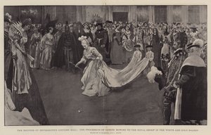 Hertuginden af Devonshires kostumebal, processionen af gæster, der bøjer sig for den kongelige gruppe i White and Gold Saloon, 1897 af William Hatherell