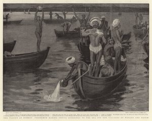 Pesten i Bombay, fiskere, der ofrer til havet ud for landsbyerne Worlee og Mahim af William Hatherell