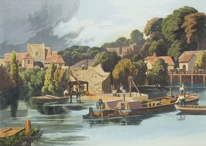 Wallingford Castle i 1810 under reparationer af bro, indgraveret af Robert Havell den yngre (1793-1878) udgivet 1818 (akvatint) af William Havell
