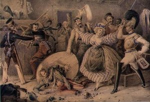 A Brawl in an Inn, ca. 1830 (akvarel over blyant forhøjet med gouache på papir) af William Heath