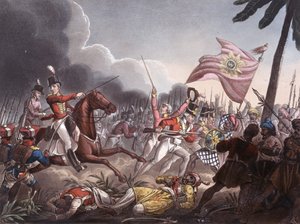 Slaget ved Assaye, 23. september 1803, indgraveret af J.C. Stadler, udgivet af Thomas Tegg, 1. april 1818 (farvet akvatint)