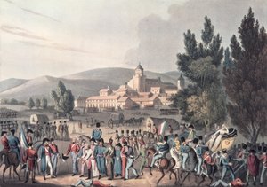 Slaget ved Vittoria, 1813, Bringing in the Prisoners, ætset af I. Clarke, akvatinteret af M. DuBourg (akvatint) af William Heath