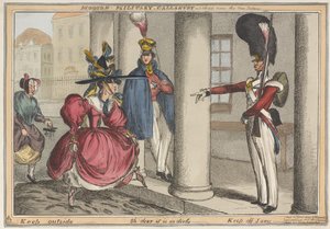 "Moderne militær galanteri - En skitse nær New Palace Keep udenfor - Åh nej, hvor er det beskidt", ca. 1829 (farvet radering) af William Heath