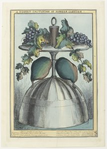 Omvendt coupé med kork, vindruer og ranker på foden og pærer på stilken A Desert - Imitation of Modern Fashion (titel på objekt) af William Heath