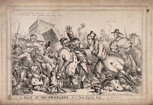 Robert Peel som bokser, der angriber natvagter med det formål at erstatte dem med politistyrken. Radering af Paul Pry (W. Heath).