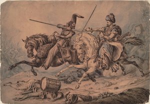 Russisk kosak i kamp med en mameluk, 1815 af William Heath