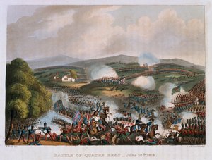 Slaget ved Quatre Bras den 16. juni 1815, graveret af Thomas Sutherland, 1815 (farvet akvatint) af William Heath