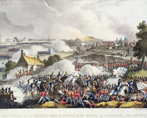 Centret for den britiske hær i aktion i slaget ved Waterloo, 18. juni 1815, indgraveret af Sutherland
