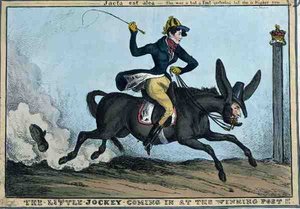 "Den lille jockey kommer ind på vinderposten!!!", ca. 1831 (farvet radering) af William Heath