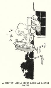 Et smukt lille fuglebad ved Linnet Court (litho) af William Heath Robinson