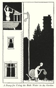 En pumpe til brug af badevandet i haven (litho) af William Heath Robinson