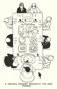 En fornuftig bryllupsmorgenmad for ni personer (litho) af William Heath Robinson