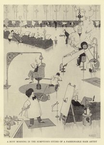 En travl morgen i en fashionabel hårkunstners overdådige atelier af William Heath Robinson