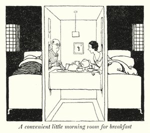 Et praktisk lille morgenrum til morgenmad (litho) af William Heath Robinson