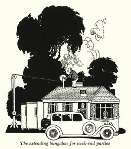 En forlængende bungalow til weekendfester (litho) af William Heath Robinson