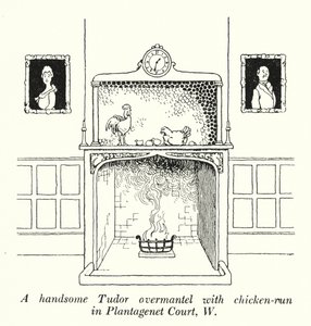 En smuk Tudor overkappe med hønsegård i Plantagenet Court, W (litho) af William Heath Robinson