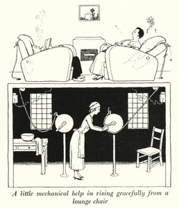 Lidt mekanisk hjælp til at rejse sig yndefuldt fra en loungestol (litho) af William Heath Robinson