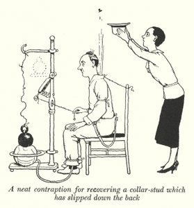 En pæn anordning til at genvinde en krave-studs, der er gledet ned ad ryggen (litho) af William Heath Robinson