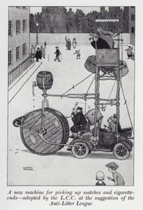 En ny maskine til at samle tændstikker og cigaretspidser op, vedtaget af LCC efter forslag fra Anti-Litter League (litho) af William Heath Robinson
