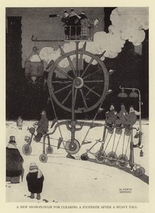 En ny sneplov til at rydde en gangsti efter et kraftigt fald af William Heath Robinson