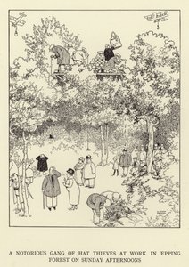 En berygtet bande af hattetyve på arbejde i Epping Forest søndag eftermiddag af William Heath Robinson