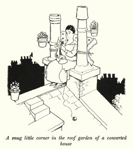 Et hyggeligt lille hjørne i taghaven til et ombygget hus (litho) af William Heath Robinson