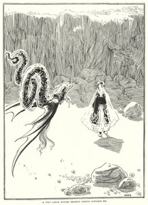 En meget stor bevinget slange kommer imod mig (gravering) af William Heath Robinson