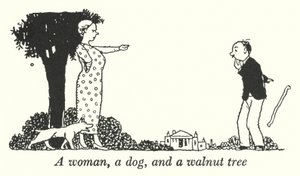 En kvinde, en hund og et valnøddetræ (litho) af William Heath Robinson
