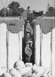 Act of Kindness, Thoughtfulness of Three Gentlemen in Assisting Lady over Chasm (pen og blæk, akvarel) af William Heath Robinson