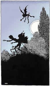 En alf afbildet i tredje akt af "Drøm om en sommernat" af William Shakespeare (1595), tegning af W. Heat Robinson, illustreret udgave fra 1914, Constable. af William Heath Robinson