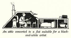 Et loft omdannet til en lejlighed velegnet til en sort-hvid kunstner (litho) af William Heath Robinson