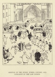 Ankomst af dommer, nævninge, advokater og procesdeltagere til domstolene af William Heath Robinson