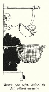 Babys nye sikkerhedsgynge, til lejligheder uden børneværelser (litho) af William Heath Robinson