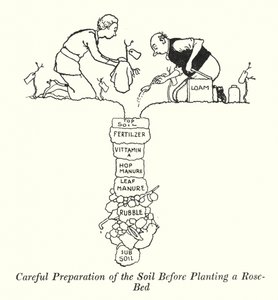 Omhyggelig forberedelse af jorden før plantning af et rosenbed (litho) af William Heath Robinson