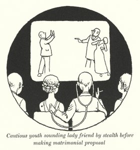 Forsigtig ungdom, der klingende veninde ved stealth, før de fremsætter et ægteskabsforslag (litho) af William Heath Robinson