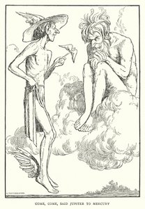 Kom, kom, sagde Jupiter til Merkur (litho) af William Heath Robinson