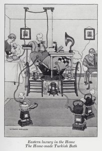 Østlig luksus i hjemmet, det hjemmelavede tyrkiske bad (litho) af William Heath Robinson
