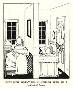 Økonomisk arrangement af soveværelsesplads i et ombygget hus (litho) af William Heath Robinson
