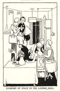 Pladsøkonomi i Lounge Hall (litho) af William Heath Robinson