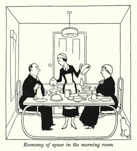 Pladsøkonomi i morgenrummet (litho) af William Heath Robinson