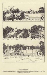Elasticitet, uinteresseret opførsel af godhjertede bilister til lider af vejens dårlige tilstand af William Heath Robinson