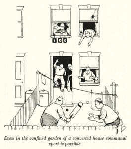 Selv i den lukkede have i et ombygget hus er fællessport muligt (litho) af William Heath Robinson