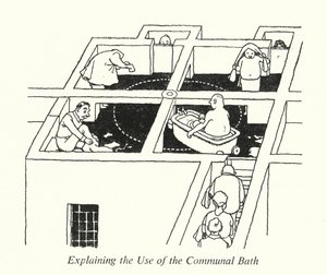Forklaring af brugen af fællesbadet (litho) af William Heath Robinson