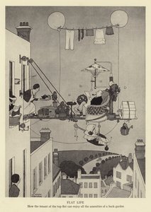Fladt liv, hvordan lejeren af den øverste lejlighed kan nyde alle faciliteterne i en baghave af William Heath Robinson