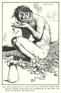 For med et bredt næsebor havde en kæmpe kæmpe slugt hver gryde, stegepande, kedel, stegepande og drypgryde i landet, af mangel på vindmøller, hans daglige mad (litho) af William Heath Robinson